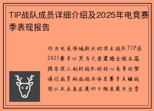 TIP战队成员详细介绍及2025年电竞赛季表现报告