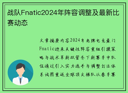 战队Fnatic2024年阵容调整及最新比赛动态